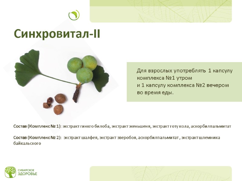 Состав (Комплекс № 1): экстракт гинкго билоба, экстракт женьшеня, экстракт готу кола, аскорбилпальмитат 